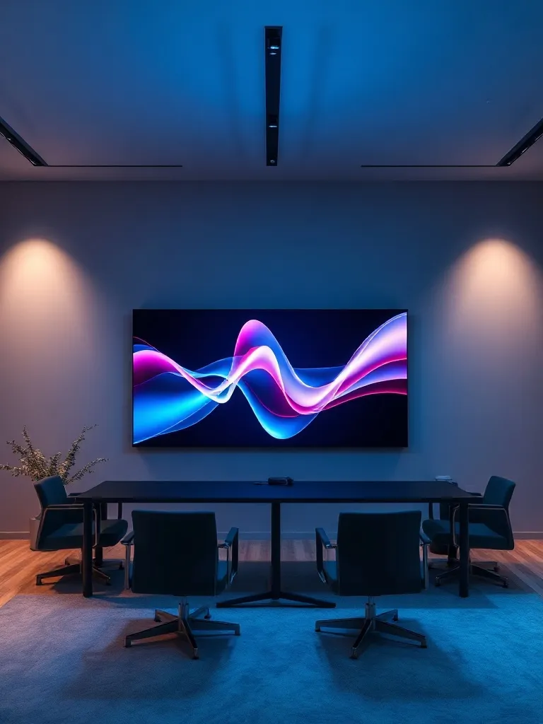 A minimalist modern office interior with a large screen disp